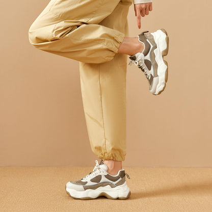 Chunky Leather Platform Sneakers Women Lace Up Casual Minimal