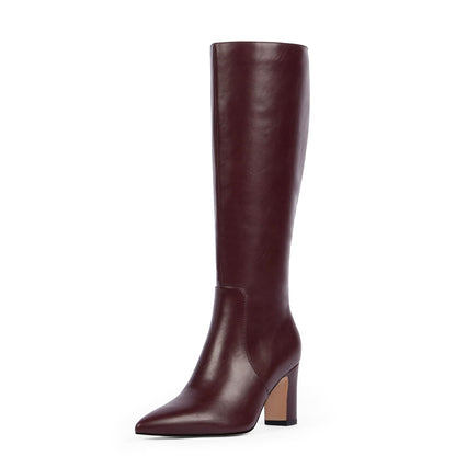 Knee High Chunky Heel Pointed Toe Zip Boots Fall