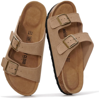 Women's Leather Cork Footbed Flat Slide Sandals