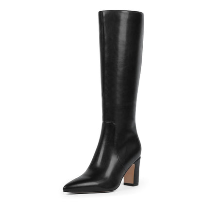 Knee High Chunky Heel Pointed Toe Zip Boots Fall