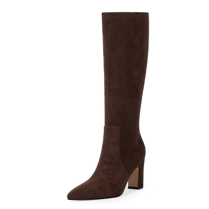 Knee High Chunky Heel Pointed Toe Zip Boots Fall