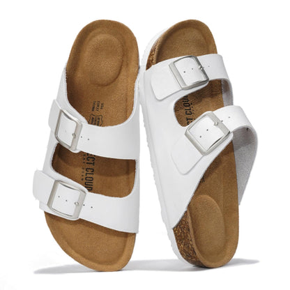Women's Leather Cork Footbed Flat Slide Sandals