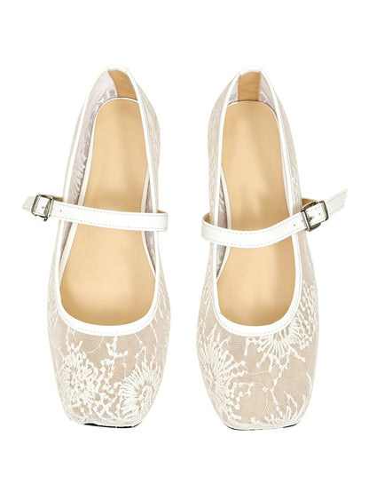 Women's Mesh Square Toe Mary Jane Ballet Flats Dress Shoes