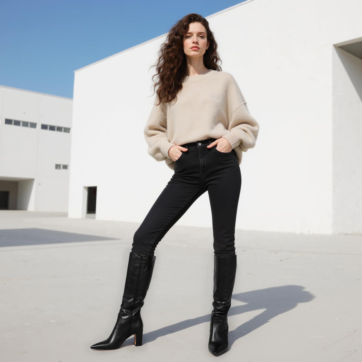 Knee High Chunky Heel Pointed Toe Zip Boots Fall