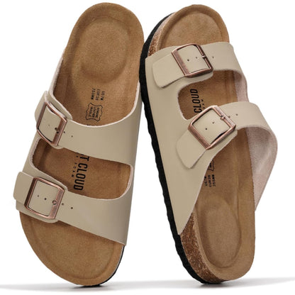 Women's Leather Cork Footbed Flat Slide Sandals