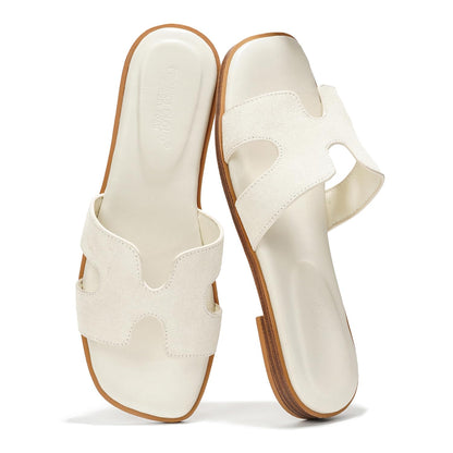 Leather Memory Foam Slide Sandals Women Flat Comfort Minimal