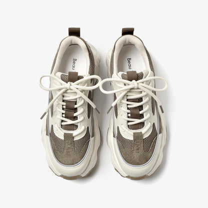 Chunky Leather Platform Sneakers Women Lace Up Casual Minimal