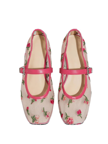 Women's Mesh Square Toe Mary Jane Ballet Flats Dress Shoes