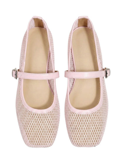 Women's Mesh Square Toe Mary Jane Ballet Flats Dress Shoes