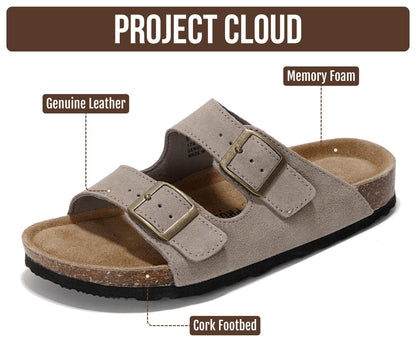 Women's Leather Cork Footbed Flat Slide Sandals