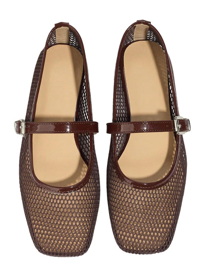Women's Mesh Square Toe Mary Jane Ballet Flats Dress Shoes