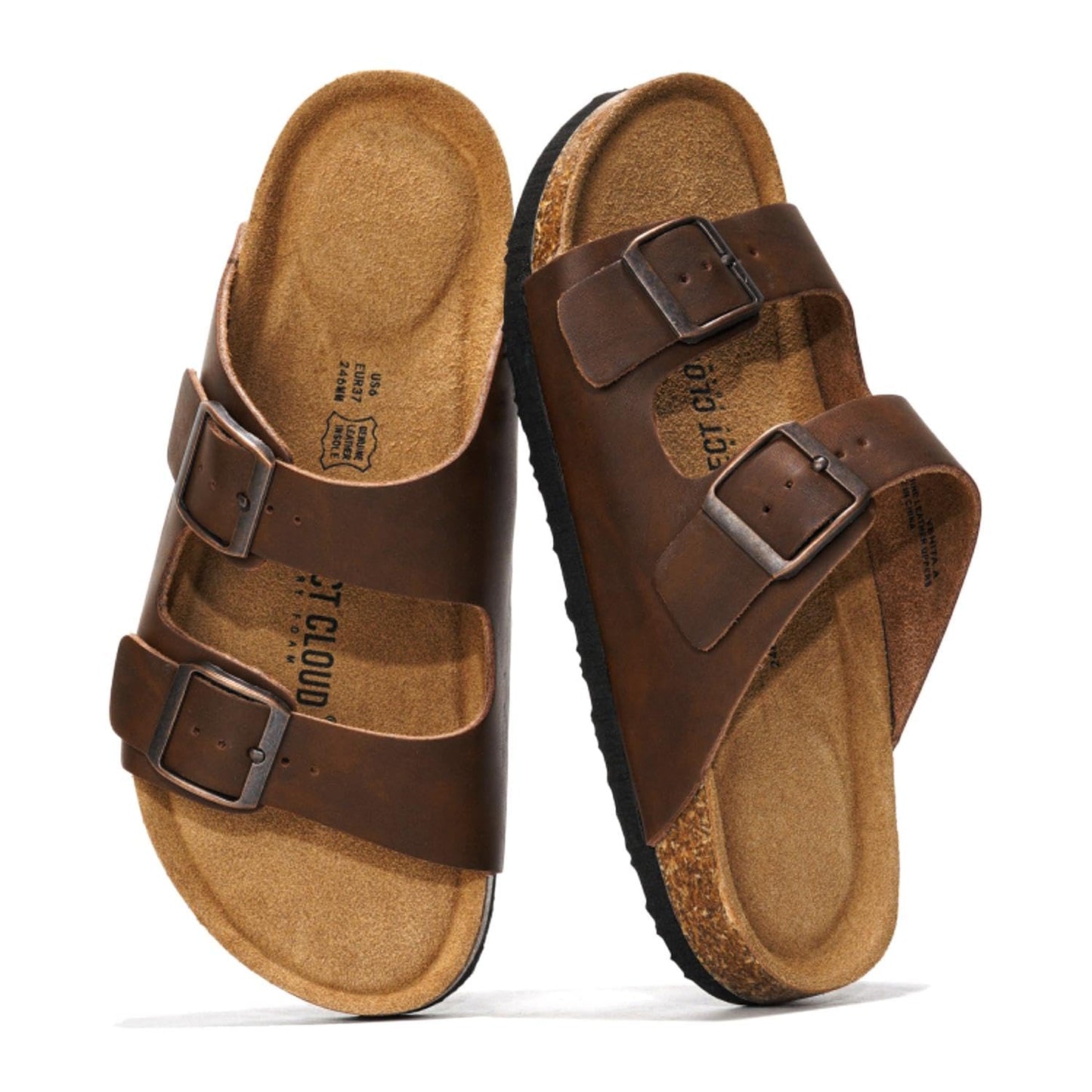 Women's Leather Cork Footbed Flat Slide Sandals