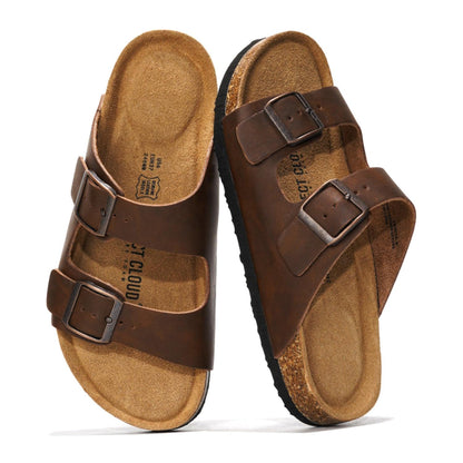 Women's Leather Cork Footbed Flat Slide Sandals