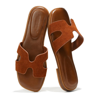 Leather Memory Foam Slide Sandals Women Flat Comfort Minimal