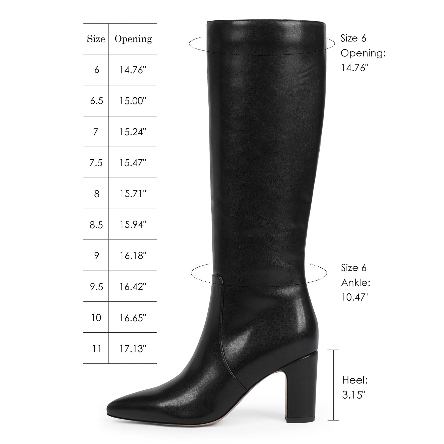 Knee High Chunky Heel Pointed Toe Zip Boots Fall