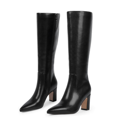 Knee High Chunky Heel Pointed Toe Zip Boots Fall