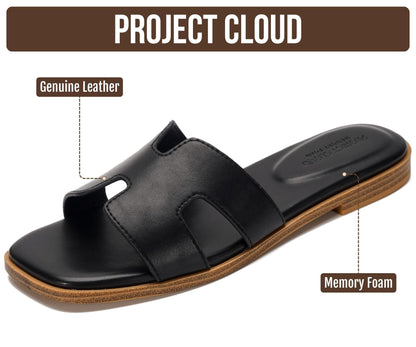 Leather Memory Foam Slide Sandals Women Flat Comfort Minimal