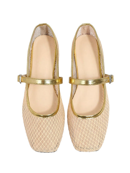 Women's Mesh Square Toe Mary Jane Ballet Flats Dress Shoes