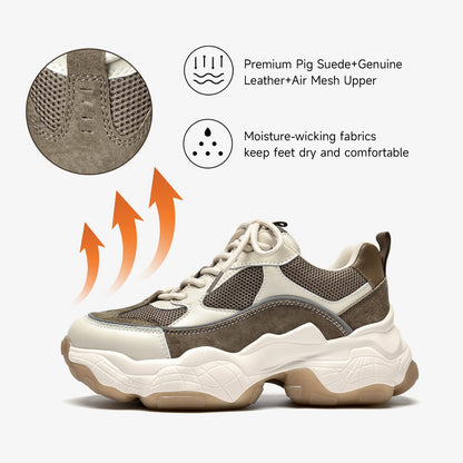 Chunky Leather Platform Sneakers Women Lace Up Casual Minimal