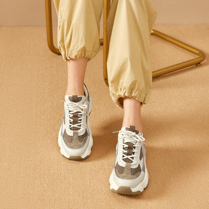 Chunky Leather Platform Sneakers Women Lace Up Casual Minimal