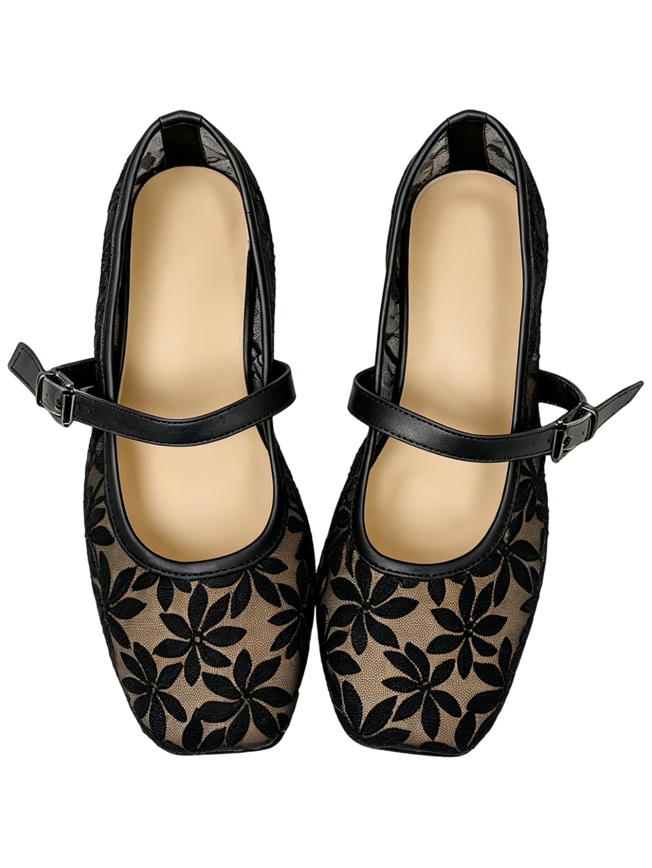 Women's Mesh Square Toe Mary Jane Ballet Flats Dress Shoes
