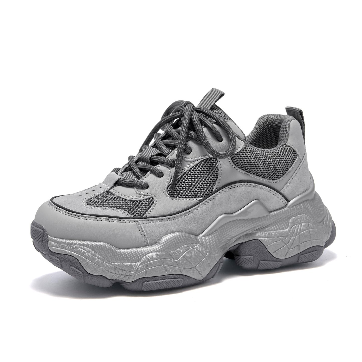 Chunky Leather Platform Sneakers Women Lace Up Casual Minimal