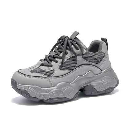 Chunky Leather Platform Sneakers Women Lace Up Casual Minimal