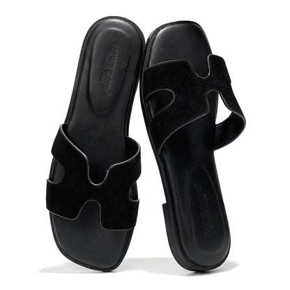 Leather Memory Foam Slide Sandals Women Flat Comfort Minimal