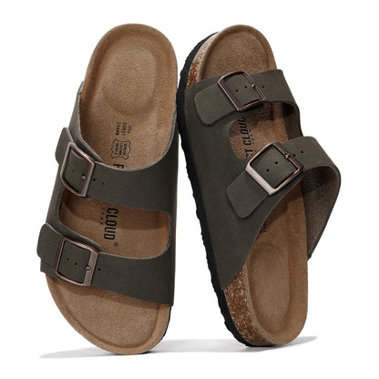 Women's Leather Cork Footbed Flat Slide Sandals