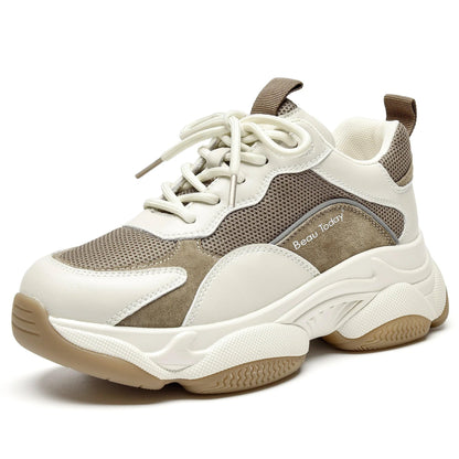Chunky Leather Platform Sneakers Women Lace Up Casual Minimal