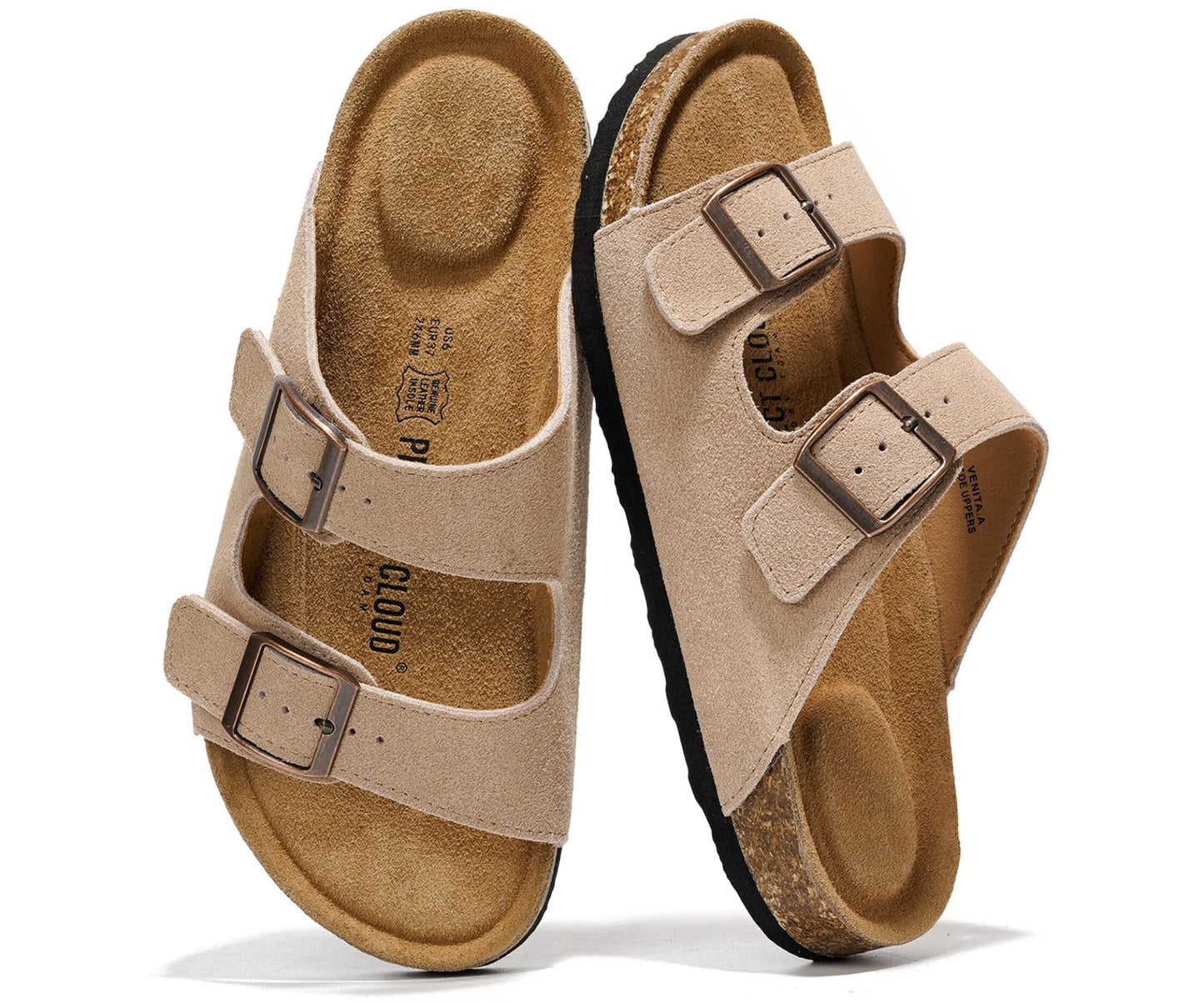 Women's Leather Cork Footbed Flat Slide Sandals