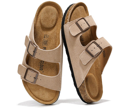 Women's Leather Cork Footbed Flat Slide Sandals