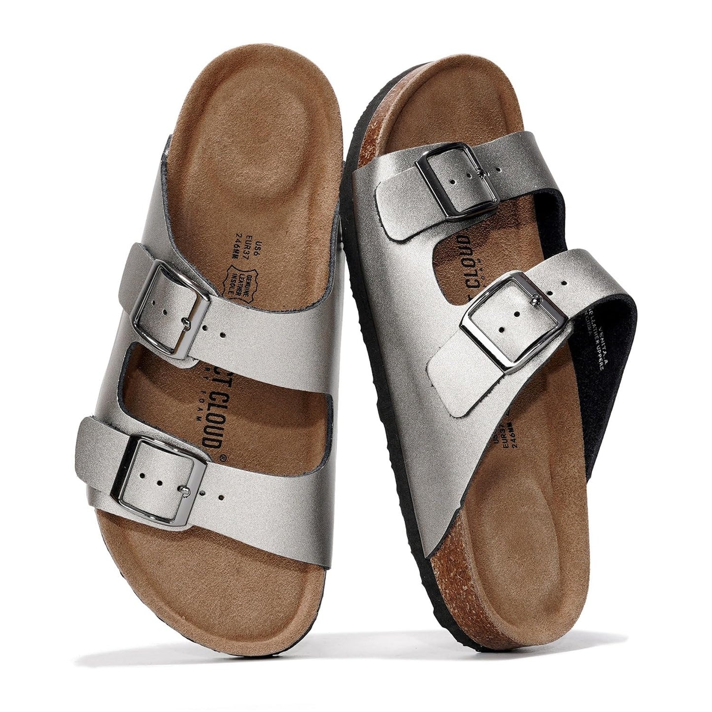 Women's Leather Cork Footbed Flat Slide Sandals