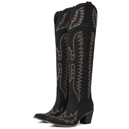 Over Knee Western Cowboy Boots Women Chunky Heel Embroidered