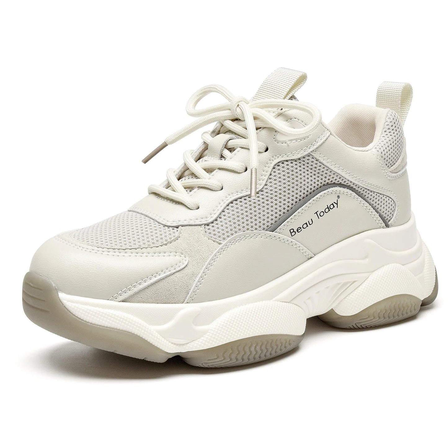 Chunky Leather Platform Sneakers Women Lace Up Casual Minimal