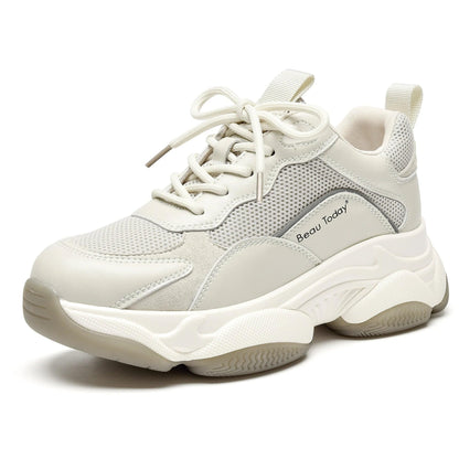 Chunky Leather Platform Sneakers Women Lace Up Casual Minimal