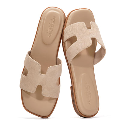 Leather Memory Foam Slide Sandals Women Flat Comfort Minimal