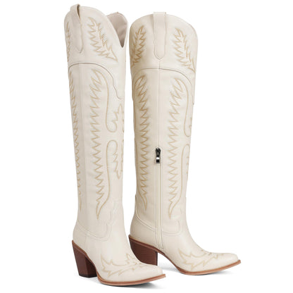 Over Knee Western Cowboy Boots Women Chunky Heel Embroidered