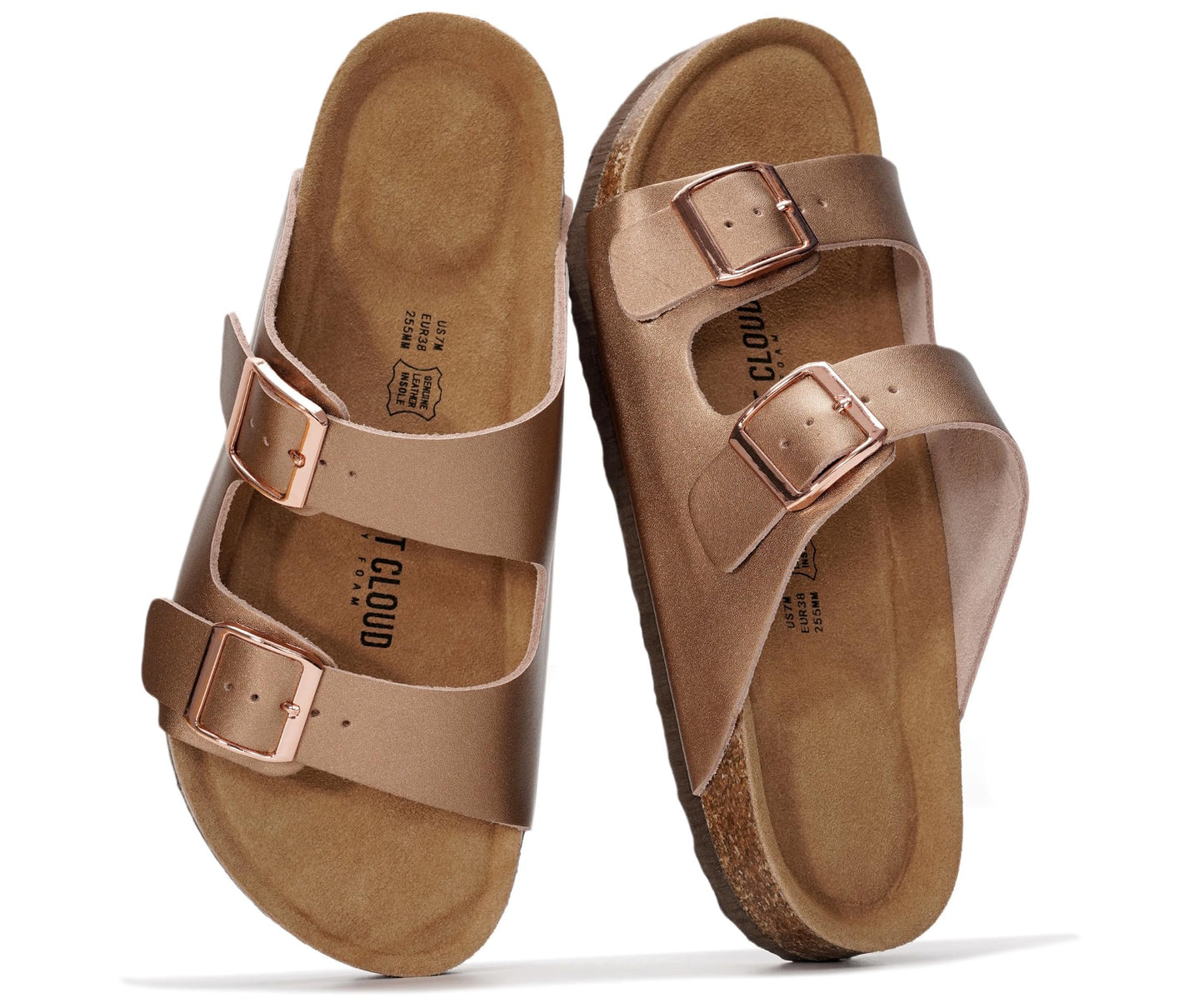 Women's Leather Cork Footbed Flat Slide Sandals