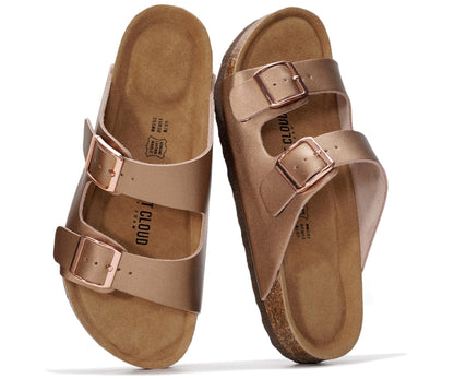 Women's Leather Cork Footbed Flat Slide Sandals