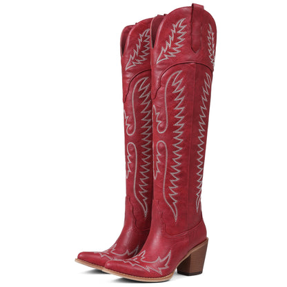 Over Knee Western Cowboy Boots Women Chunky Heel Embroidered