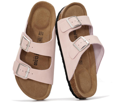 Women's Leather Cork Footbed Flat Slide Sandals