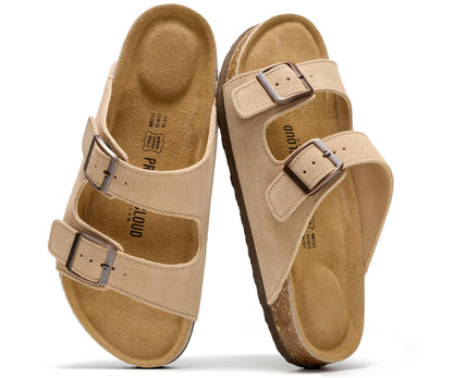 Women's Leather Cork Footbed Flat Slide Sandals