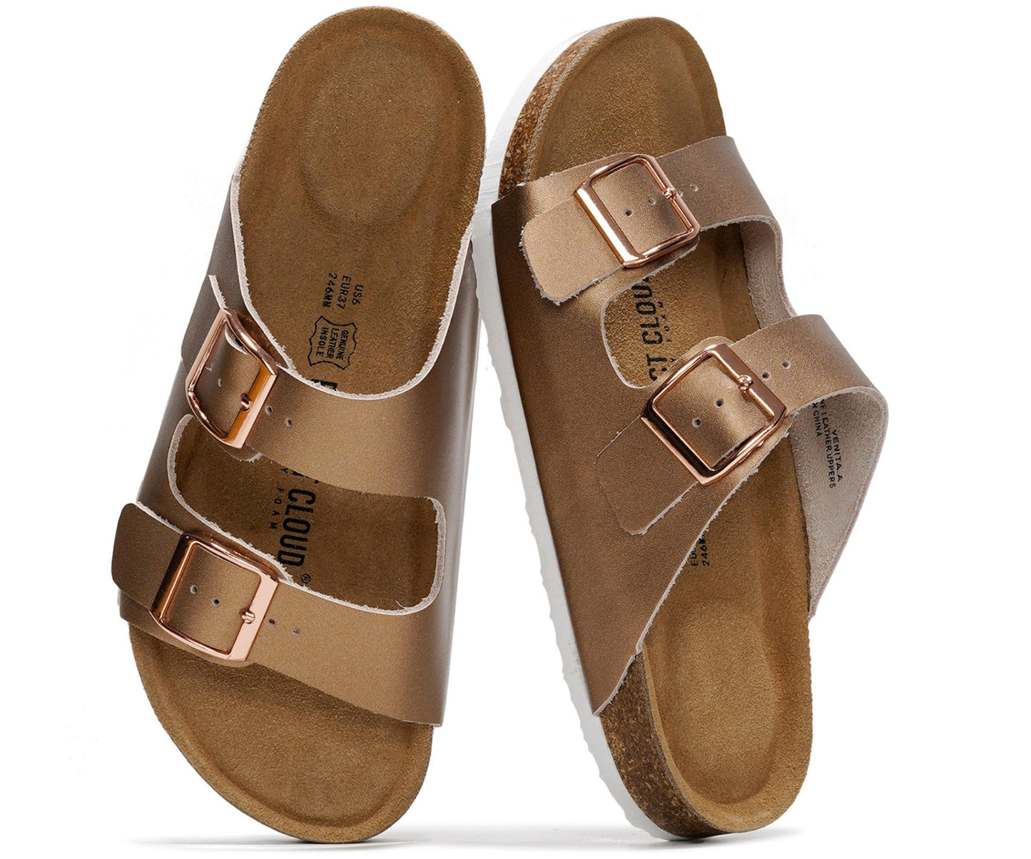 Women's Leather Cork Footbed Flat Slide Sandals