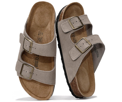 Women's Leather Cork Footbed Flat Slide Sandals