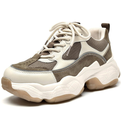 Chunky Leather Platform Sneakers Women Lace Up Casual Minimal