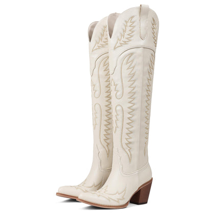 Over Knee Western Cowboy Boots Women Chunky Heel Embroidered