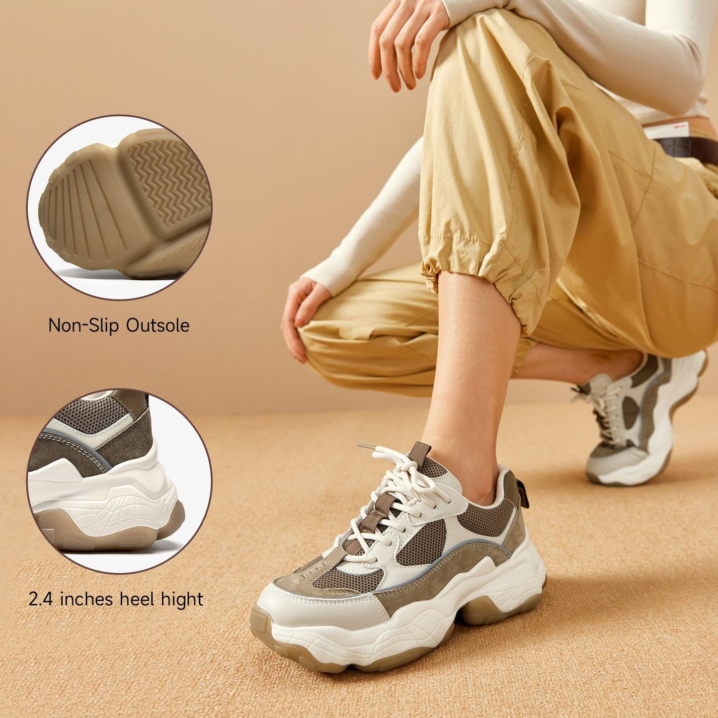 Chunky Leather Platform Sneakers Women Lace Up Casual Minimal