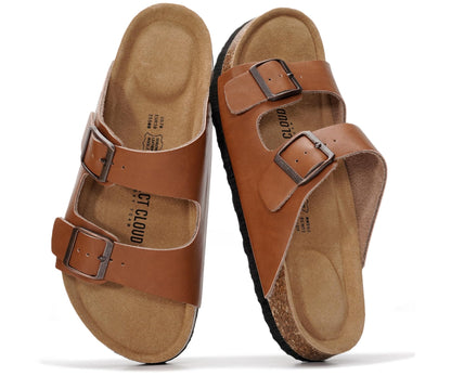 Women's Leather Cork Footbed Flat Slide Sandals