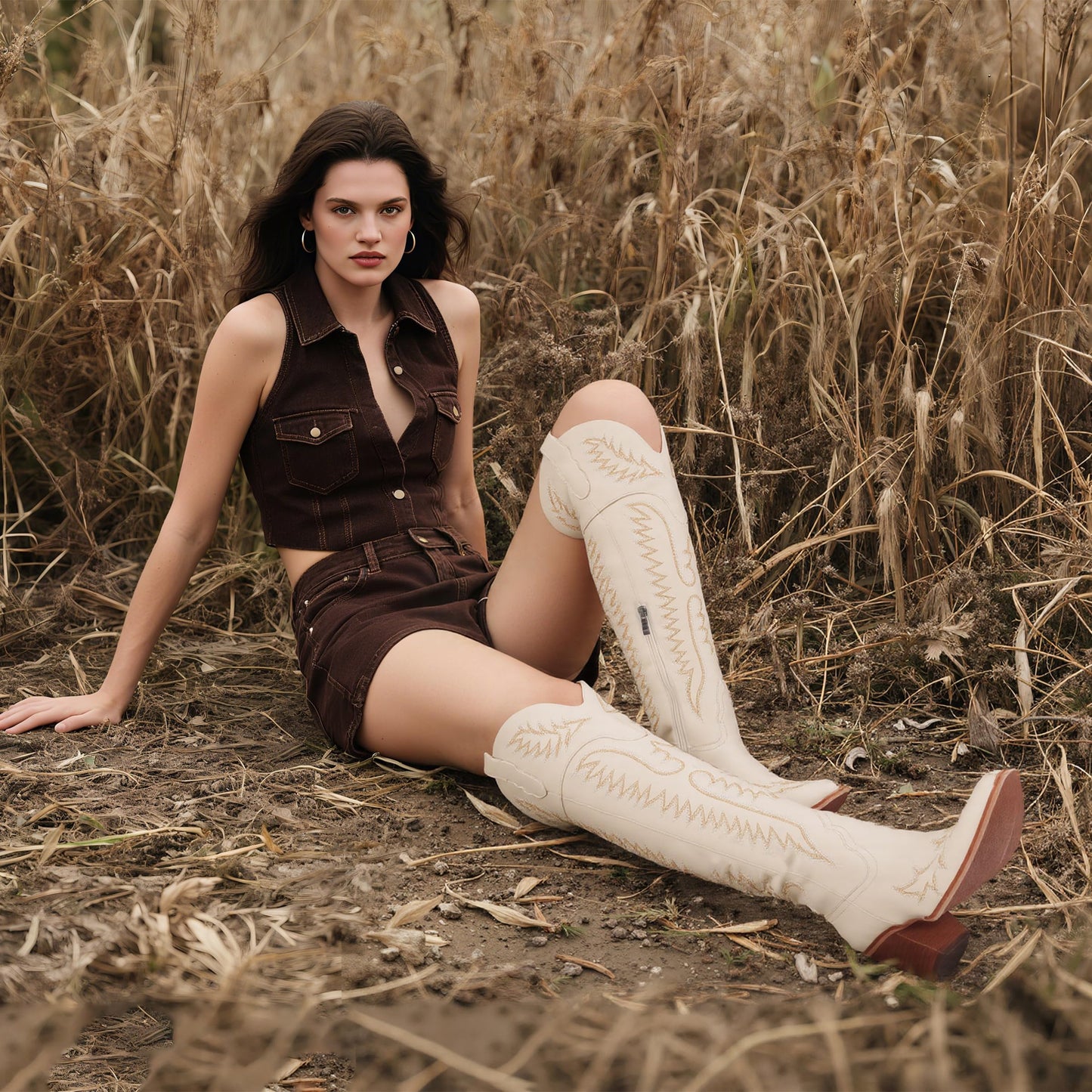 Over Knee Western Cowboy Boots Women Chunky Heel Embroidered